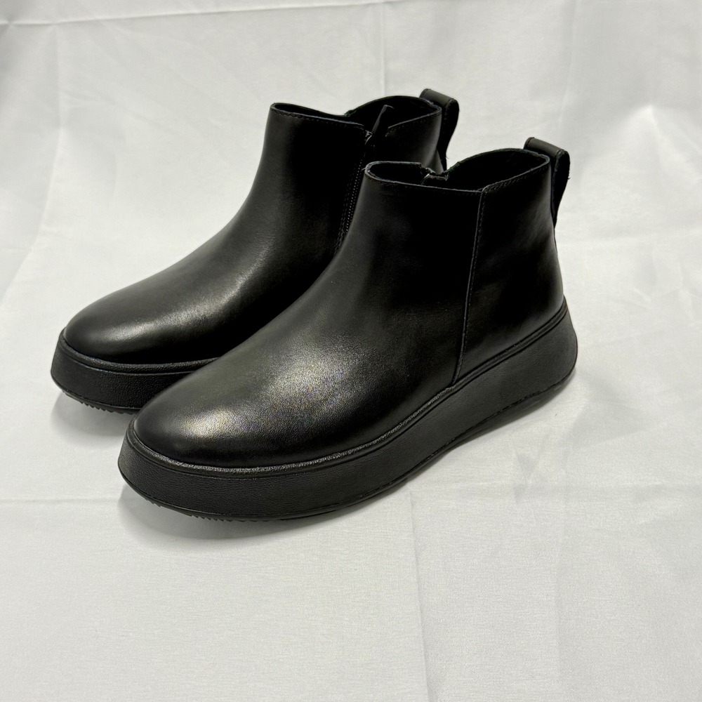 FitFlop F-Mode Leather Platform Zip Ankle Boots Black Womens 8 Grunge Goth Fall